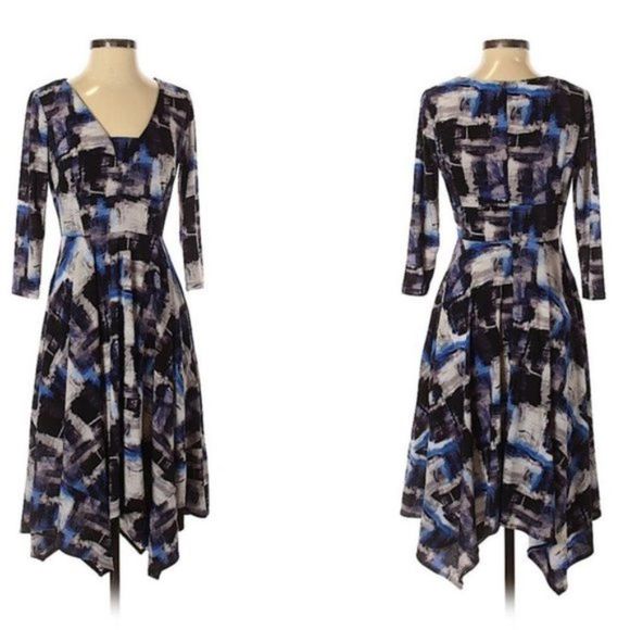 “Simply Vera Vera Wang Abstract Print Midi Dress XS 3/4 Sleeve A-Line Scoop Neck - Picture 1 of 13